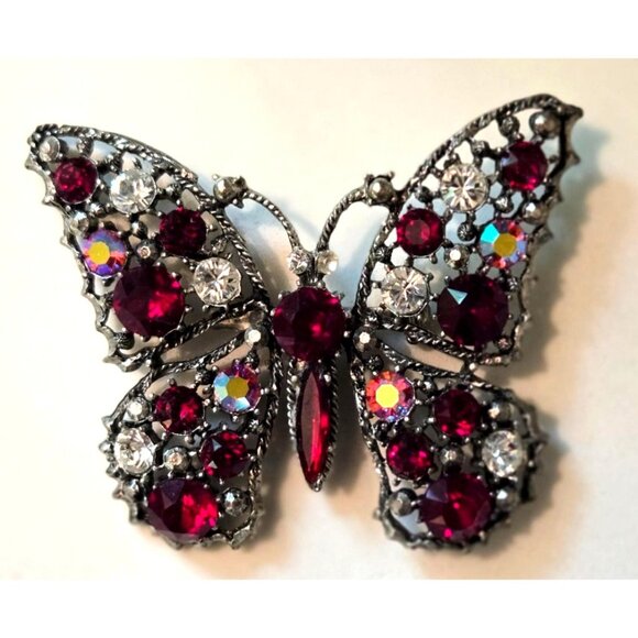 Vintage Weiss Rhinestone Butterfly Brooch Red & Clear Crystal Elegant Signed - Picture 2 of 10